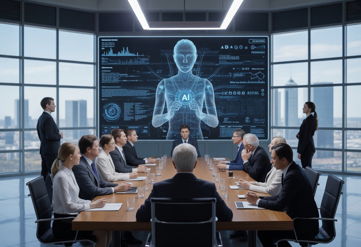 Ein moderner Konferenzraum mit Geschäftsleuten, die an einem Tisch sitzen und auf ein digitales Hologramm mit Daten und Algorithmen blicken.