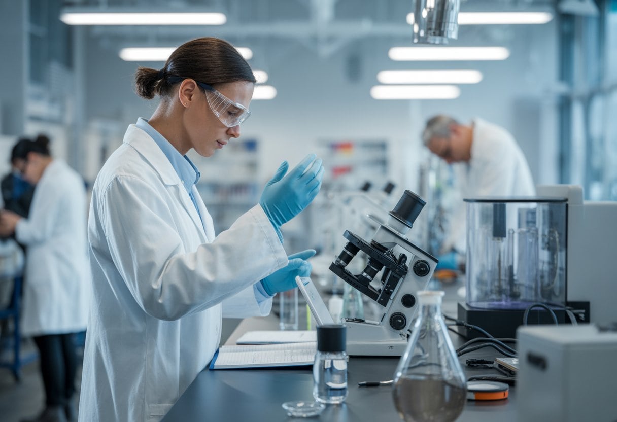 Ein moderner Forschungslabor mit Wissenschaftlern und fortschrittlicher Ausrüstung, im Hintergrund eine veraltete Industrieumgebung mit langsamer Umsetzung.