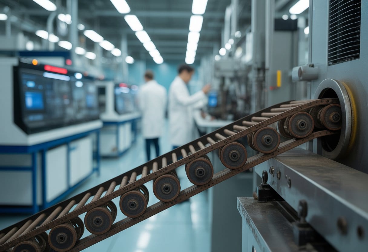 Wissenschaftler in einem modernen Labor arbeiten, während im Vordergrund ein altes, defektes Förderband sichtbar ist.