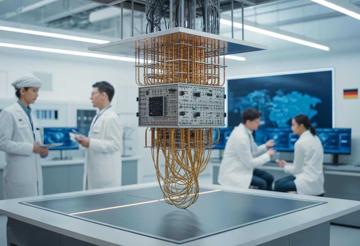 Ein moderner Quantencomputer in einem Labor mit Wissenschaftlern und Ingenieuren, die an fortschrittlicher Technologie arbeiten.