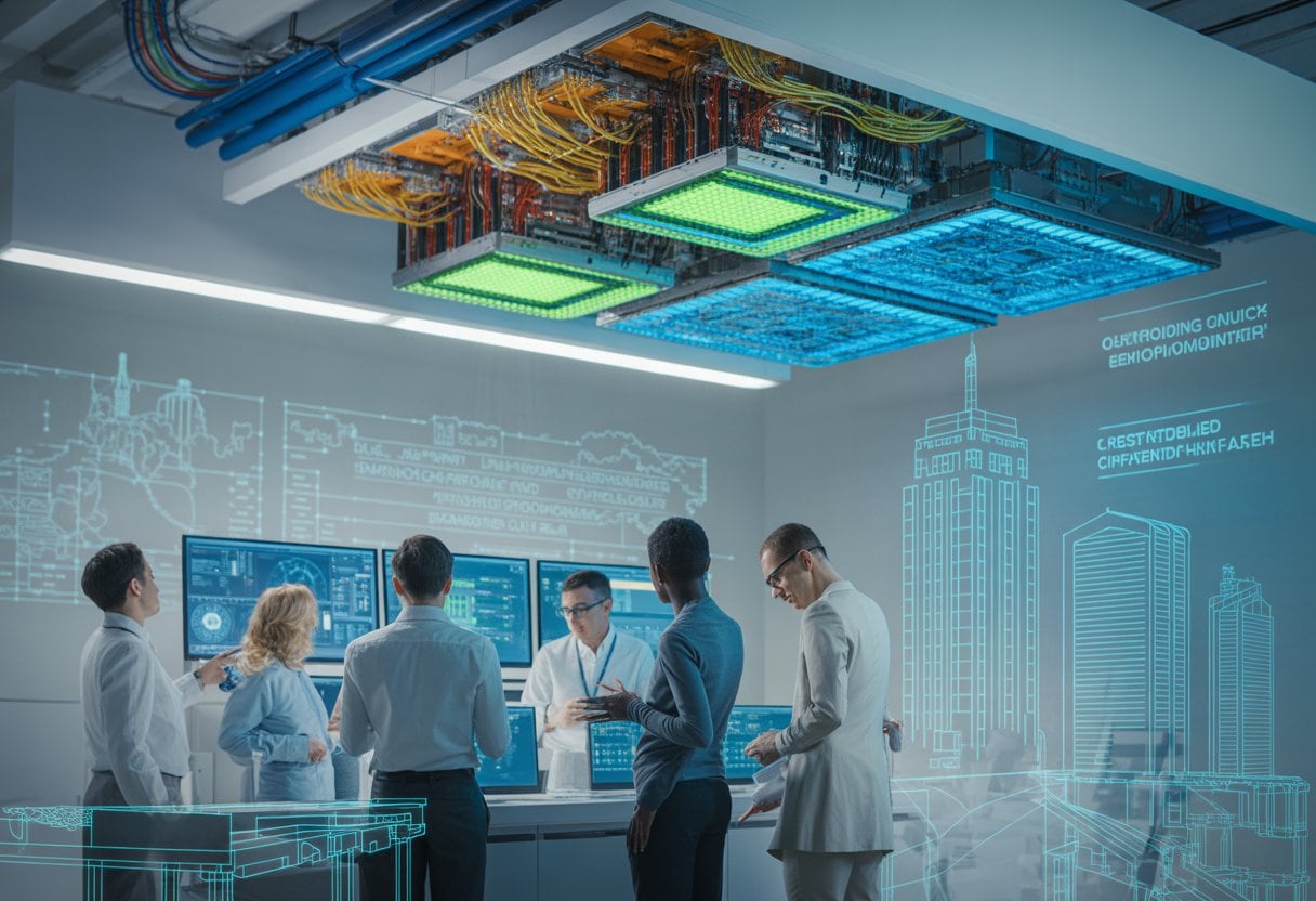 Forscher und Ingenieure in einem modernen Labor mit Quantencomputern und digitalen Bildschirmen, die an einem Technologieprojekt arbeiten.