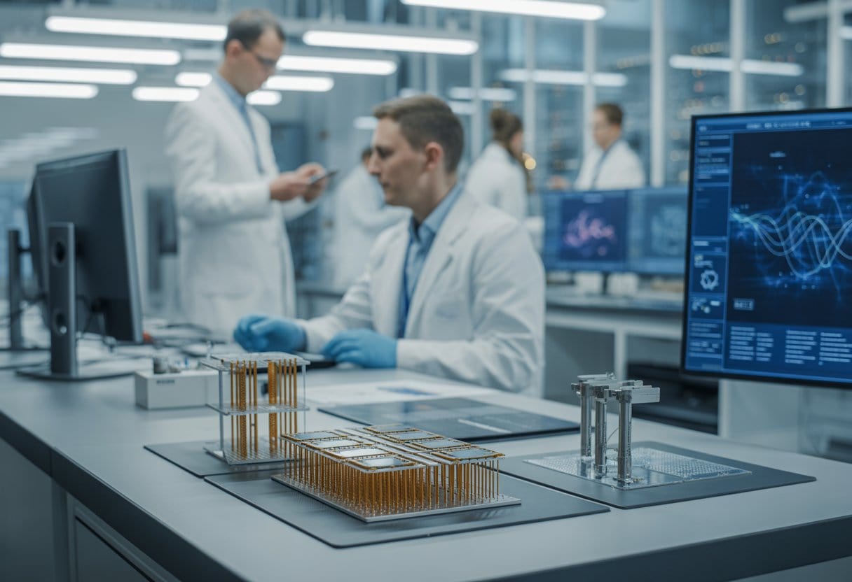 Labor mit Forschern, die an Quantencomputer-Hardware arbeiten, umgeben von moderner Technologie und Computerbildschirmen.