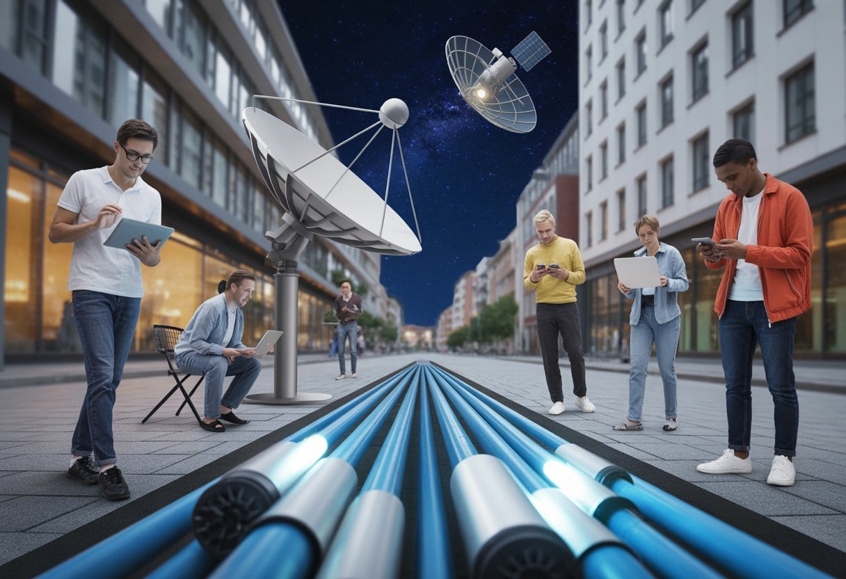 Menschen in einer deutschen Stadt nutzen verschiedene internetfähige Geräte, während im Hintergrund eine Satellitenschüssel und leuchtende Glasfaserkabel zu sehen sind.