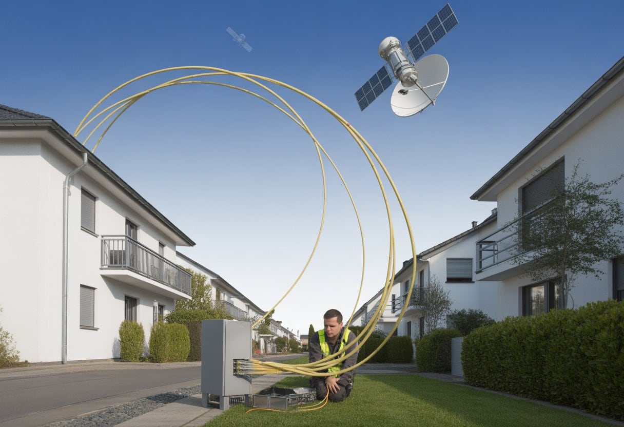 Ein Techniker arbeitet an einem Glasfaserkabel in einem deutschen Vorort mit einem Satelliten am Himmel im Hintergrund.