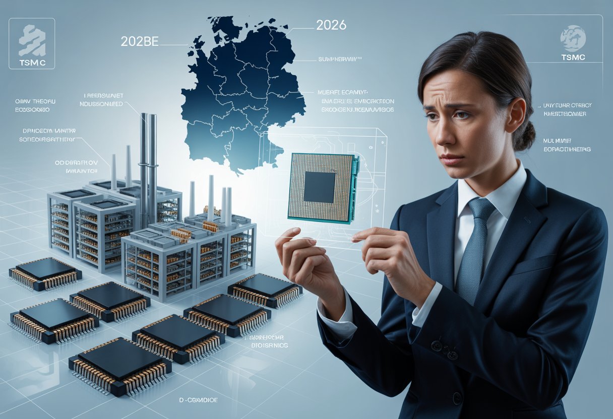Ein Geschäftsmann betrachtet besorgt ein digitales Mikrochipp-Modell vor einer modernen europäischen Fabriklandschaft mit geschlossenen Halbleiterwerken.