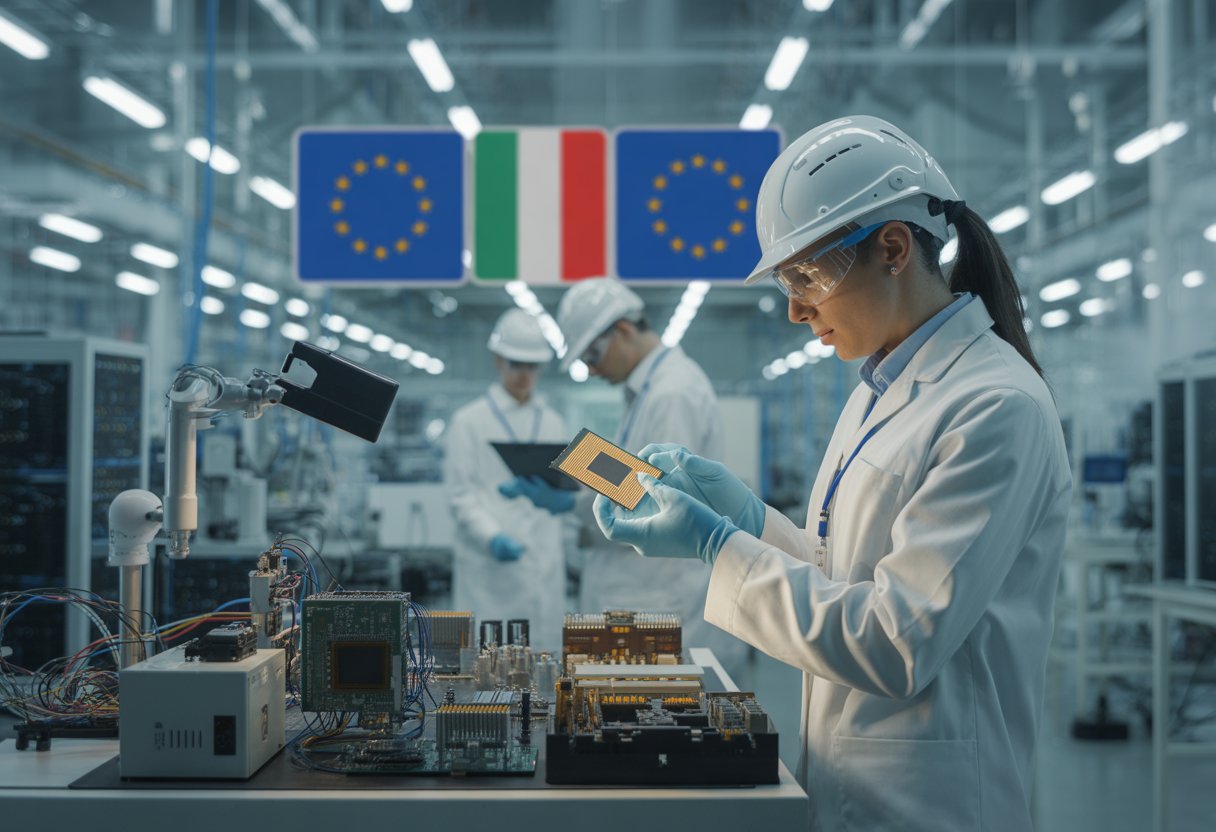 Ingenieure in einem modernen Halbleiterwerk analysieren Mikrochips in einer sauberen Fabrikumgebung mit europäischen Flaggen im Hintergrund.