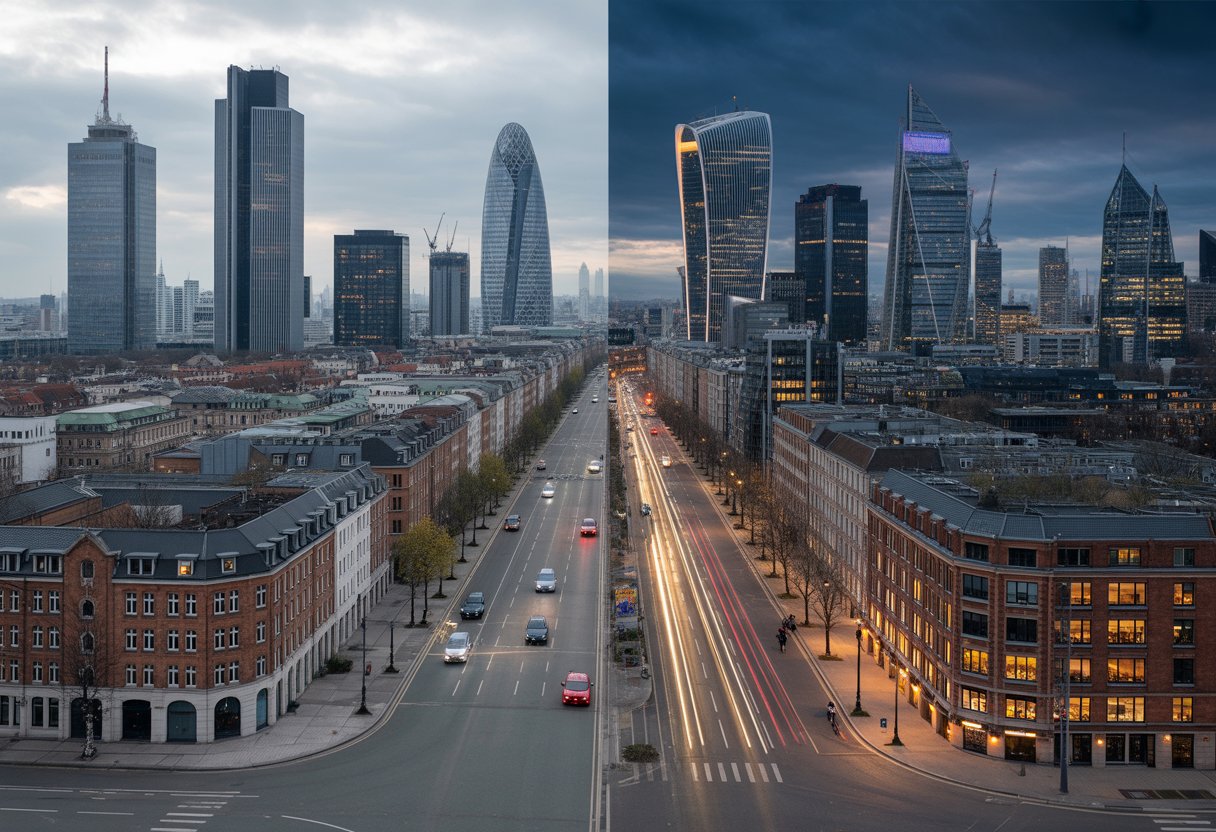 Eine geteilte Stadtansicht zeigt auf der linken Seite eine zurückgehende Start-up-Szene in Deutschland und auf der rechten Seite lebendige, erfolgreiche Start-up-Umgebungen in London und Amsterdam.