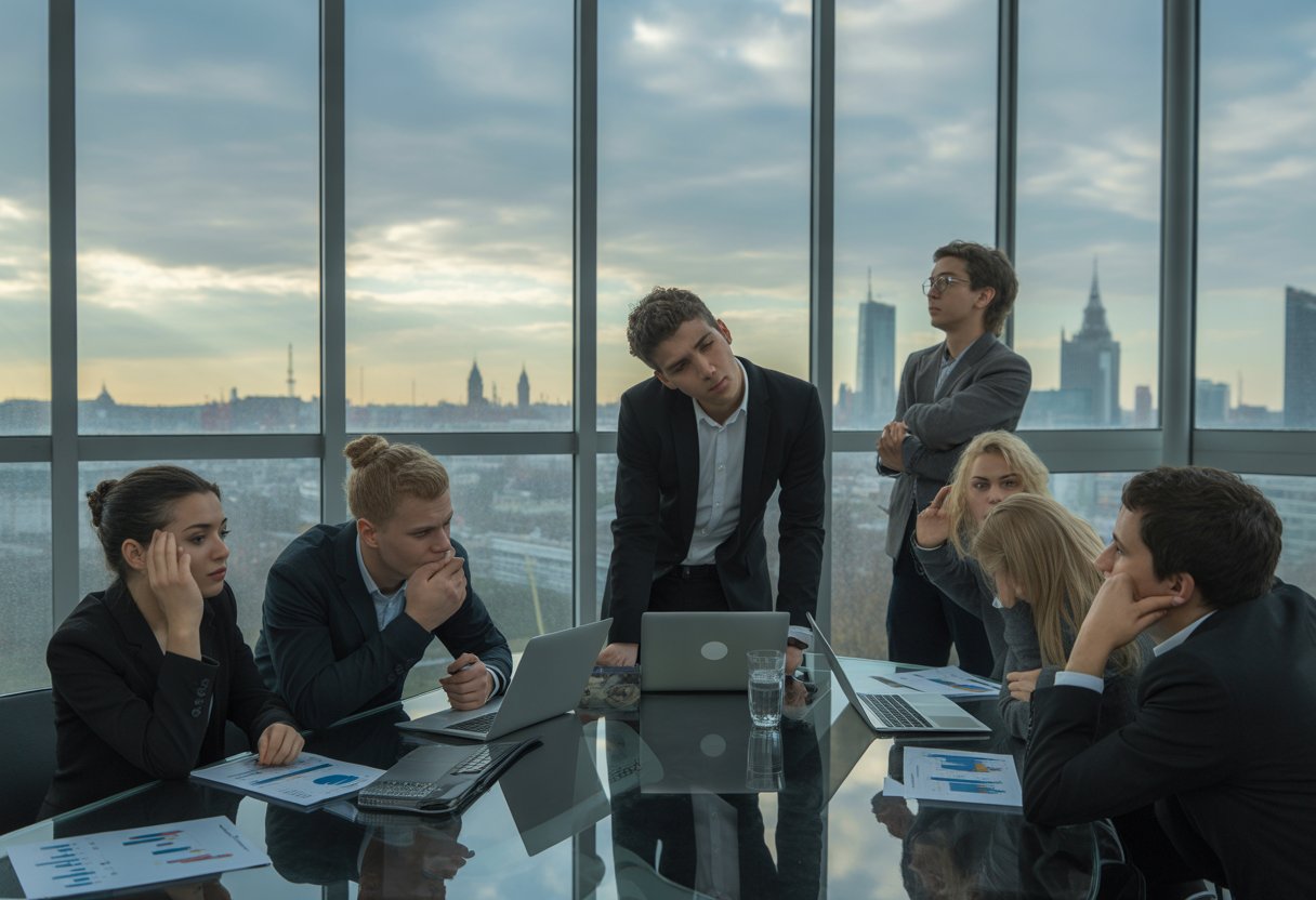 Junge Unternehmer in einem modernen Konferenzraum mit Blick auf eine deutsche Stadtsilhouette, einige wirken nachdenklich oder besorgt.