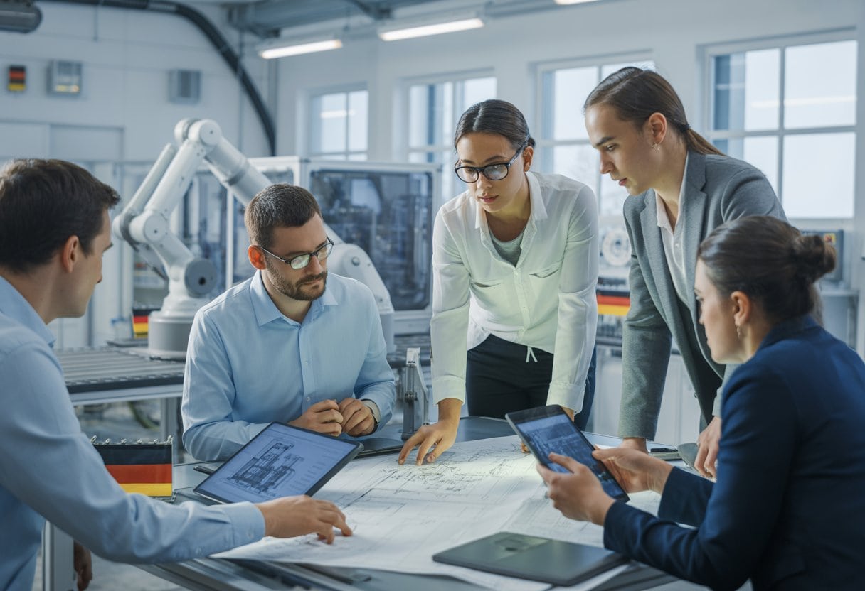 Eine Gruppe von Ingenieuren arbeitet gemeinsam an technischen Zeichnungen und digitalen Geräten in einem modernen Büro mit fortschrittlicher Maschinentechnik im Hintergrund.