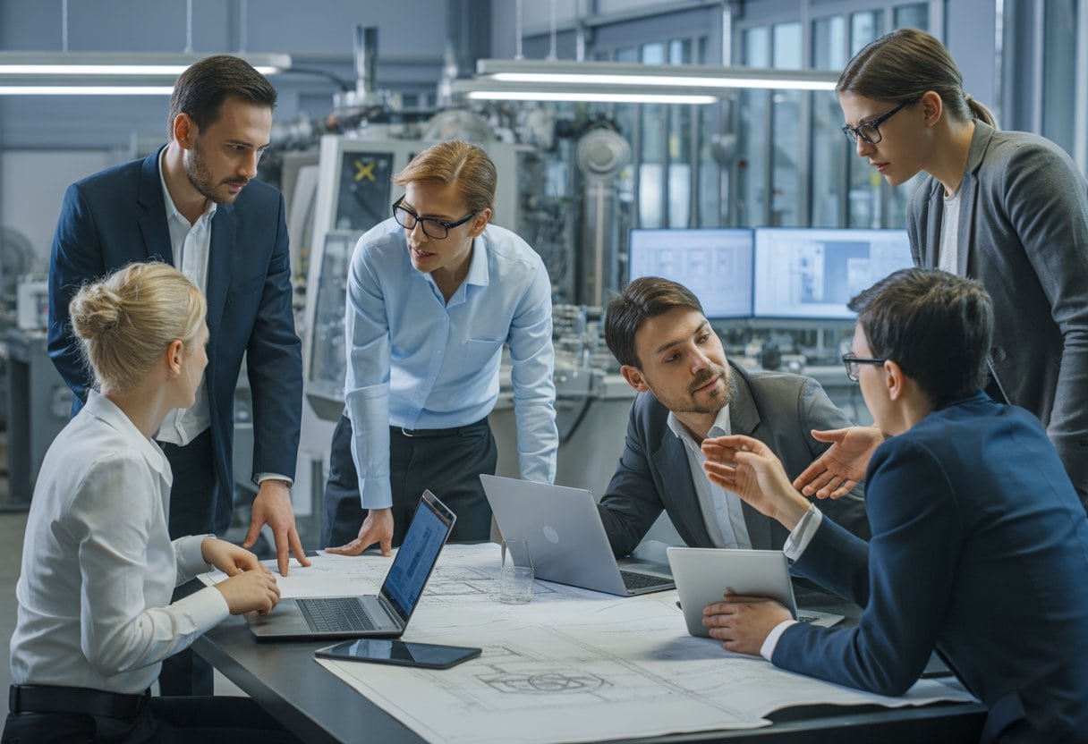 Mehrere Ingenieure und Fachleute arbeiten gemeinsam an einem Tisch mit technischen Zeichnungen und Laptops in einem modernen Büro.