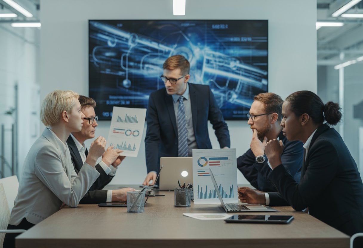 Eine Gruppe von Geschäftspersonen diskutiert konzentriert an einem Konferenztisch mit Laptops und Diagrammen in einem modernen Büro.