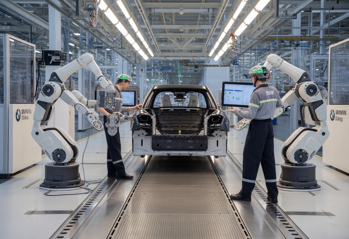 Humanoide Roboter und Ingenieure arbeiten gemeinsam an einer Fahrzeugmontagelinie in einer BMW-Fabrik in Leipzig.