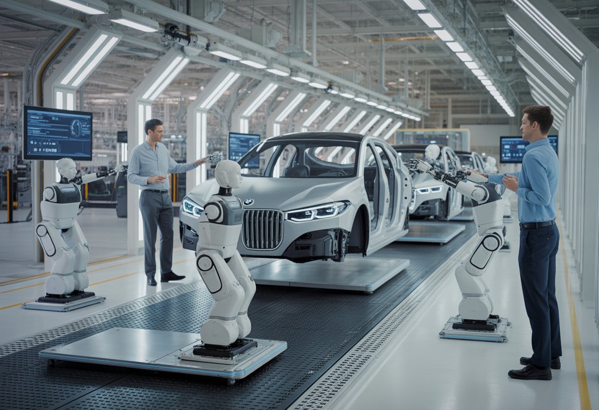 Humanoide Roboter arbeiten zusammen mit Ingenieuren an einer BMW-Autofertigungslinie in einer modernen Fabrik in Leipzig.