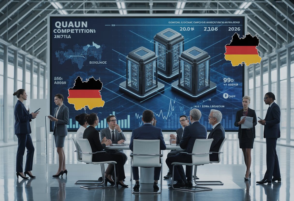 Geschäftsleute in einem modernen Büro bei einer Besprechung mit digitalen Darstellungen von Quantencomputern und globalen Marktdaten im Hintergrund.