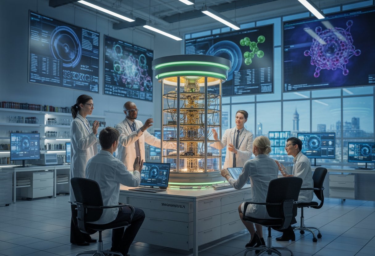 Wissenschaftler und Ingenieure arbeiten gemeinsam an einem Quantencomputer in einem modernen Labor mit Blick auf eine deutsche Stadt.