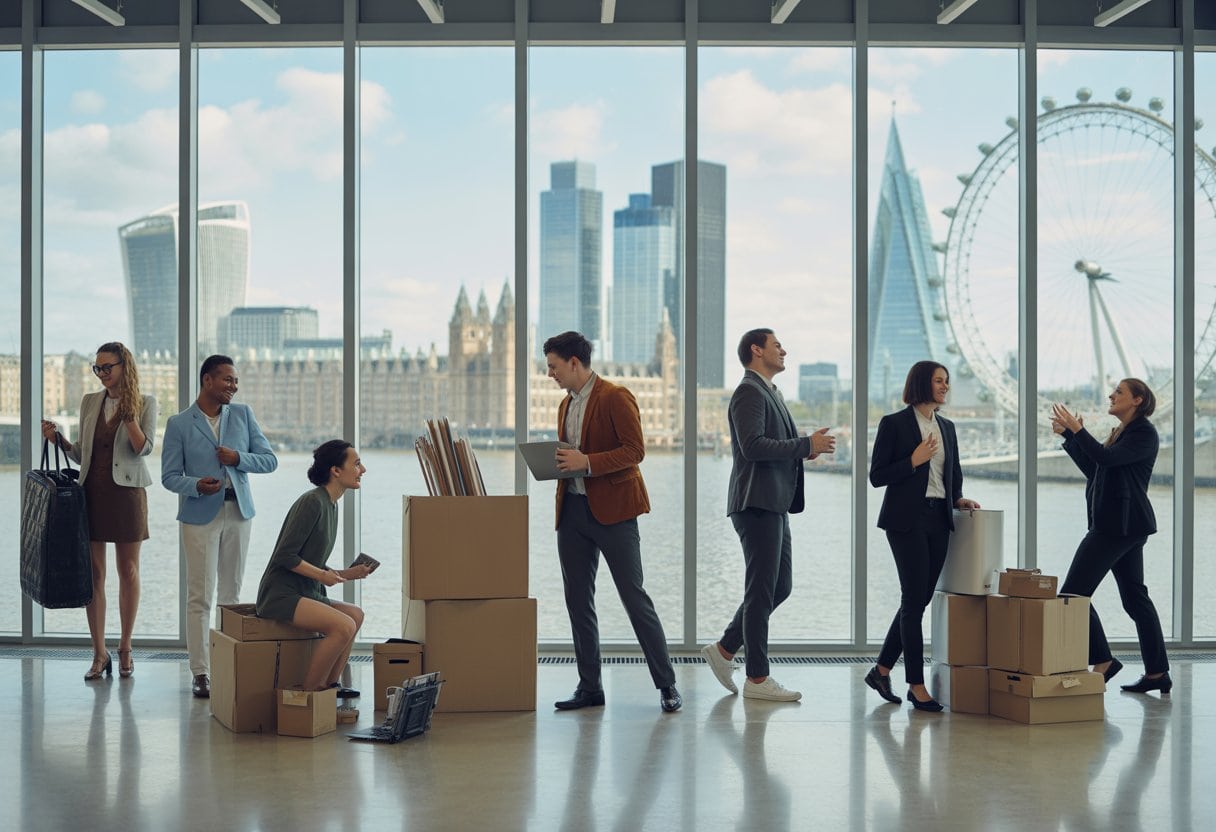 Junge Unternehmerinnen und Unternehmer in einem modernen Büro, die ihre Sachen packen und Pläne besprechen, mit Blick auf Stadtlandschaften von London und Amsterdam im Hintergrund.