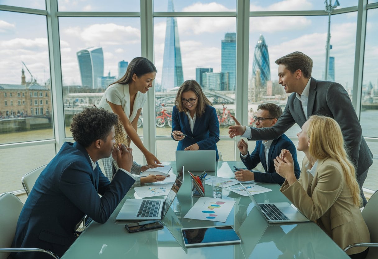 Junge Fachleute arbeiten gemeinsam an einem Konferenztisch mit Blick auf die Londoner Skyline.