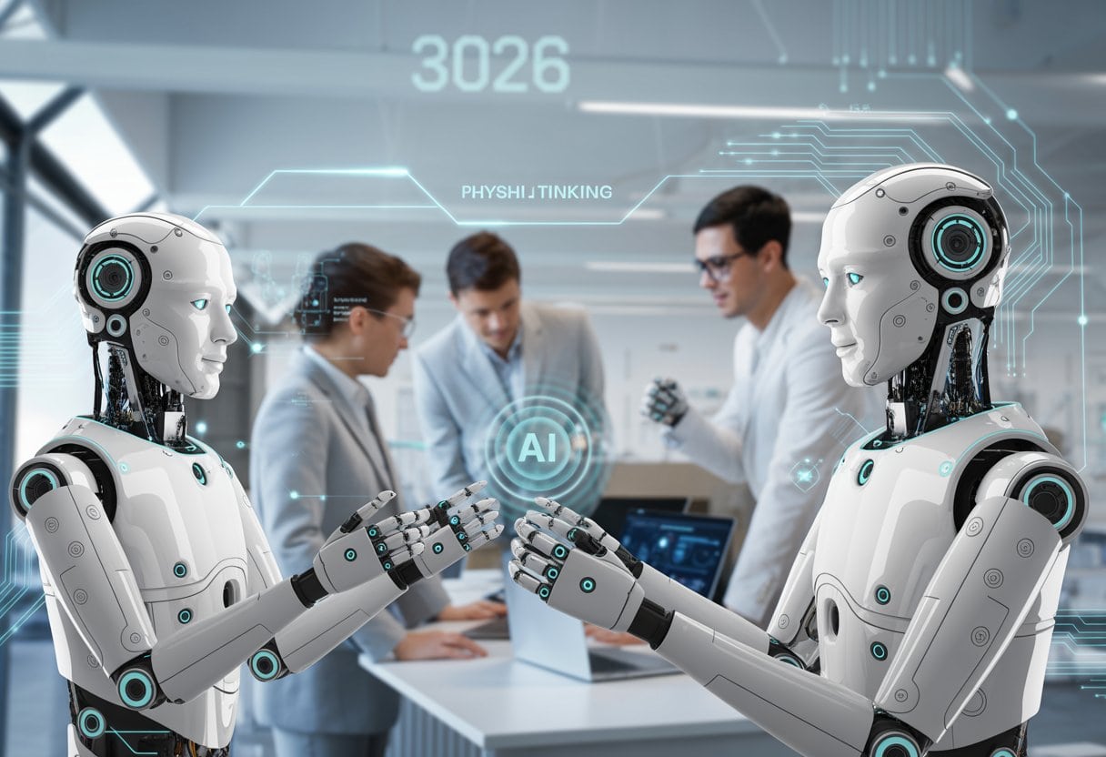 Ein moderner Arbeitsplatz mit humanoiden Robotern und Menschen, die gemeinsam an digitalen Bildschirmen arbeiten.