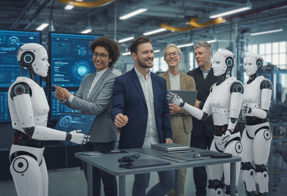 Eine moderne Arbeitsumgebung mit deutschen Arbeitern und humanoiden Robotern, die zusammenarbeiten.