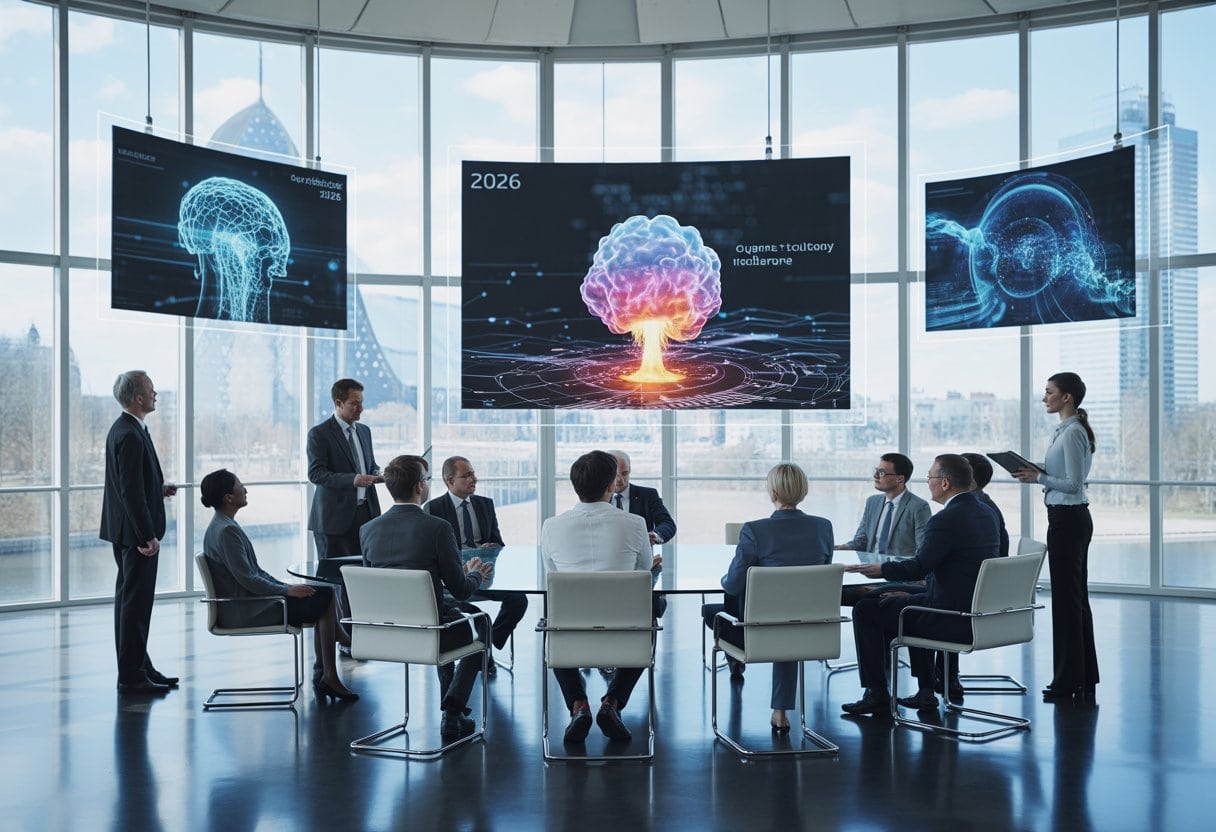 Eine Gruppe von Fachleuten diskutiert in einem modernen Konferenzraum mit holografischen Darstellungen von künstlicher Intelligenz, Quantentechnik und Kernfusion im Hintergrund.