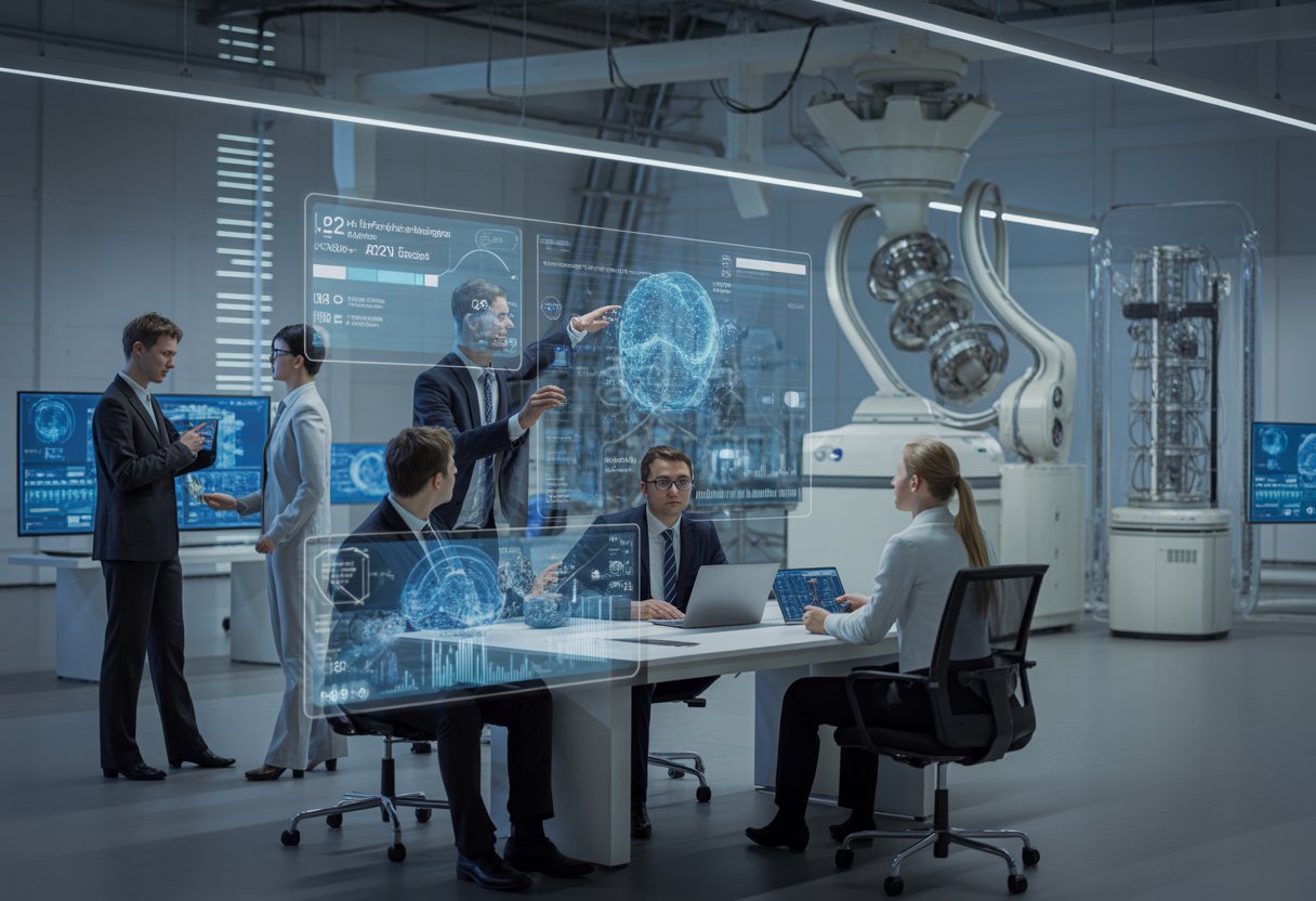Menschen arbeiten gemeinsam in einem modernen Büro mit digitalen Bildschirmen und wissenschaftlicher Ausrüstung, die fortschrittliche Technologie darstellen.