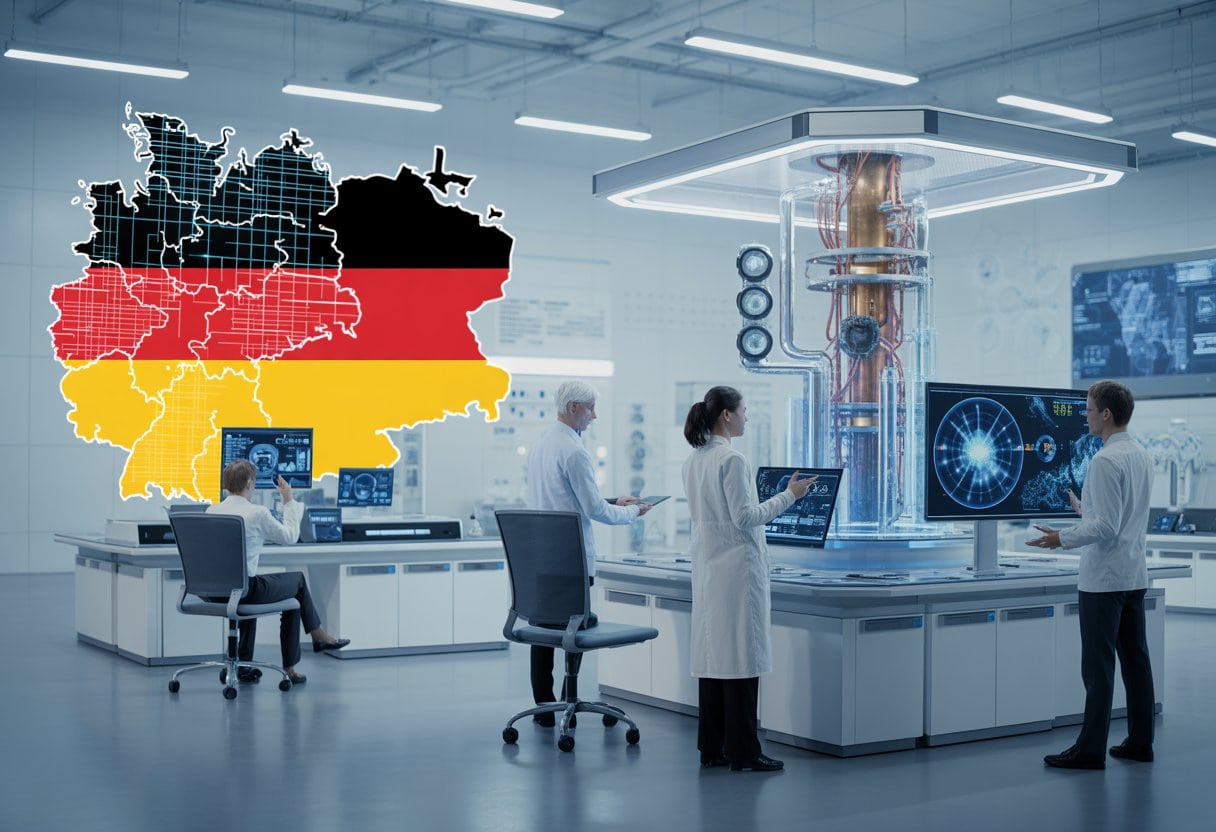 Eine Gruppe von Wissenschaftlern und Ingenieuren arbeitet in einem modernen Labor mit futuristischer Technologie und digitalen Displays.