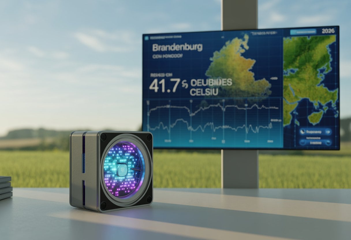 Ein moderner Quantencomputer vor einem digitalen Bildschirm mit Klimadiagrammen und einer sommerlichen Landschaft in Brandenburg im Hintergrund.