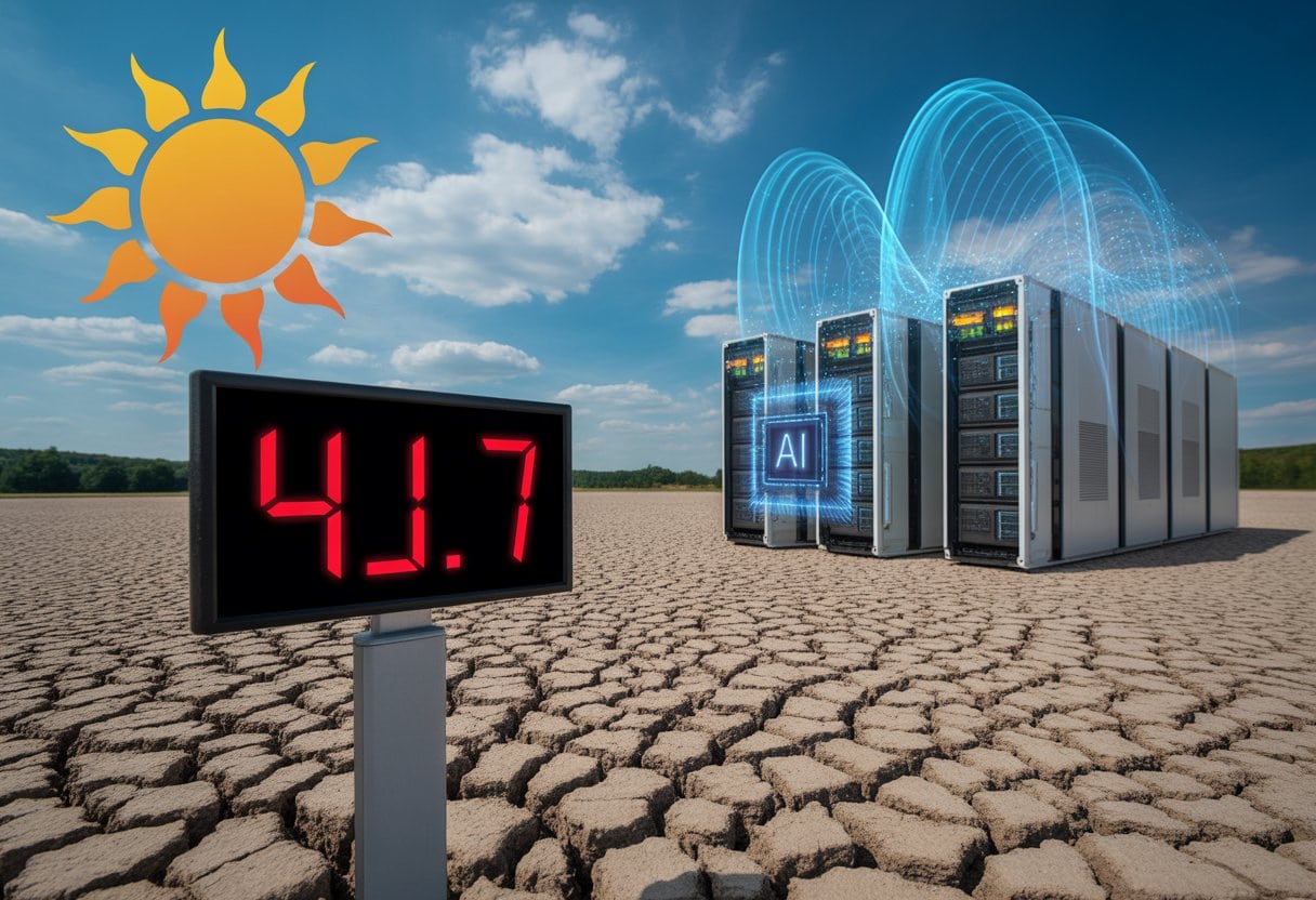 Trockene Landschaft in Brandenburg mit digitaler Temperaturanzeige und moderner Forschungseinrichtung im Hintergrund.