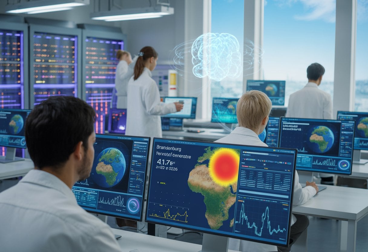 Wissenschaftler in einem Labor arbeiten an Computern mit Klimadaten und Quantencomputern im Hintergrund.