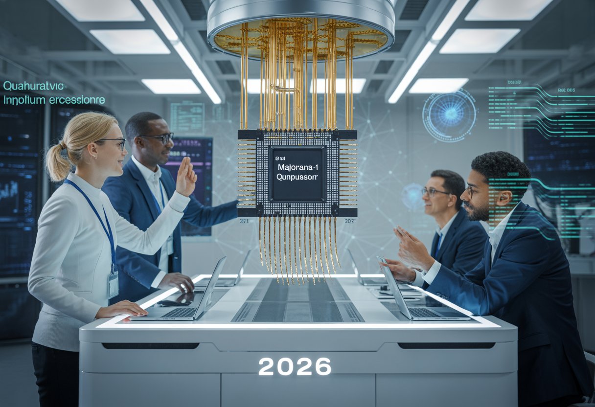 Deutsche Geschäftsleute diskutieren in einem modernen Labor mit einem futuristischen Quantencomputerchip.