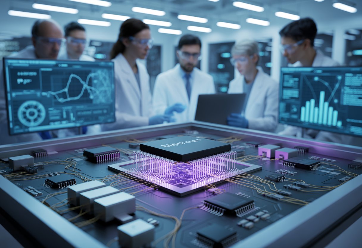 Nahaufnahme eines modernen Quantencomputing-Chips in einem Labor mit Wissenschaftlern im Hintergrund.