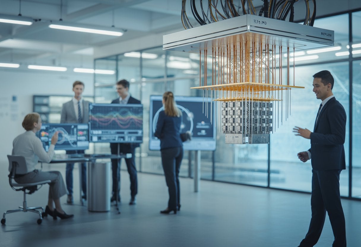 Geschäftsleute und Ingenieure betrachten ein modernes Quantencomputersystem in einer technologischen Arbeitsumgebung.