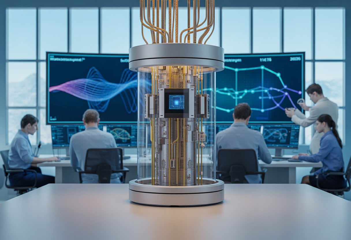 Wissenschaftler arbeiten an einem modernen Quantencomputer in einem Forschungslabor.
