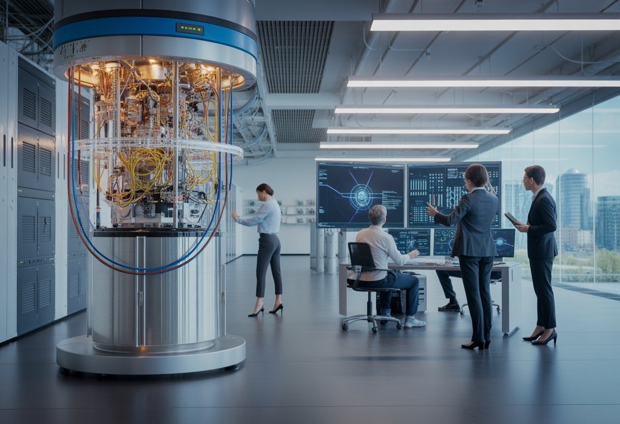Forschende und Unternehmensmitarbeitende arbeiten gemeinsam an einem Quantencomputer in einem modernen Labor.