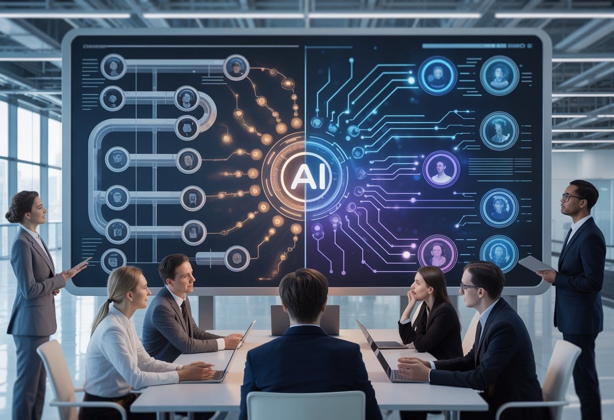 Ein Unternehmensteam beobachtet eine digitale Darstellung, die starre Automatisierung mit flexiblen, selbstständig vernetzten KI-Prozessen vergleicht.
