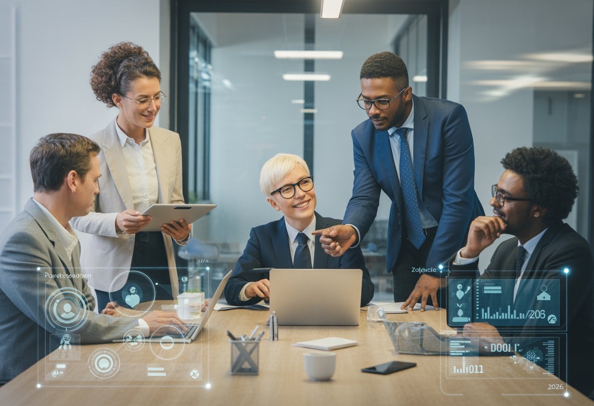 Ein vielfältiges Geschäftsteam analysiert gemeinsam digitale Arbeitsabläufe und Leistungsdaten in einem modernen Büro.