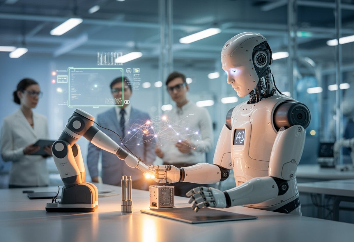 Ein humanoider Roboter und ein Roboterarm lernen selbstständig in einem modernen Forschungslabor.