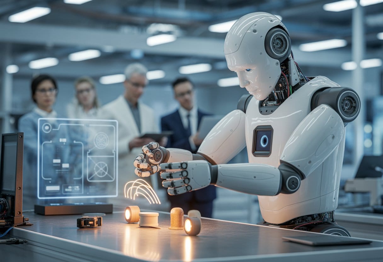 Ein autonomer Roboter lernt in einem modernen Labor, reale Gegenstände mit Sensoren und Greifarmen zu bewegen.
