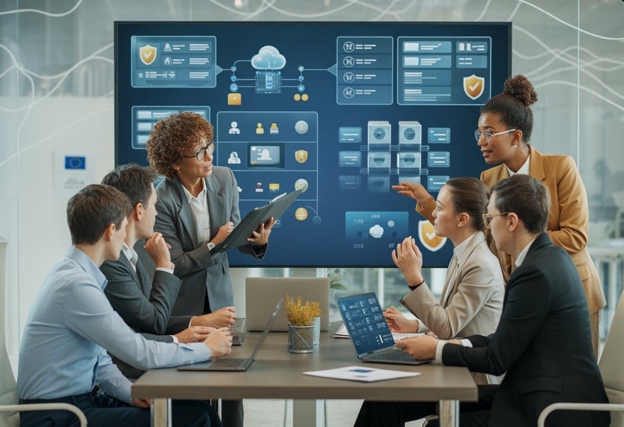 Ein diverses Unternehmensteam prüft gemeinsam eine digitale Übersicht seiner KI-Systeme in einem modernen Büro.