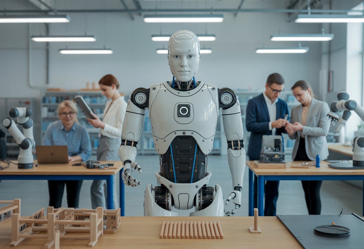 Ein humanoider Roboter wird in einer modernen Forschungswerkstatt von Ingenieurinnen und Ingenieuren getestet.