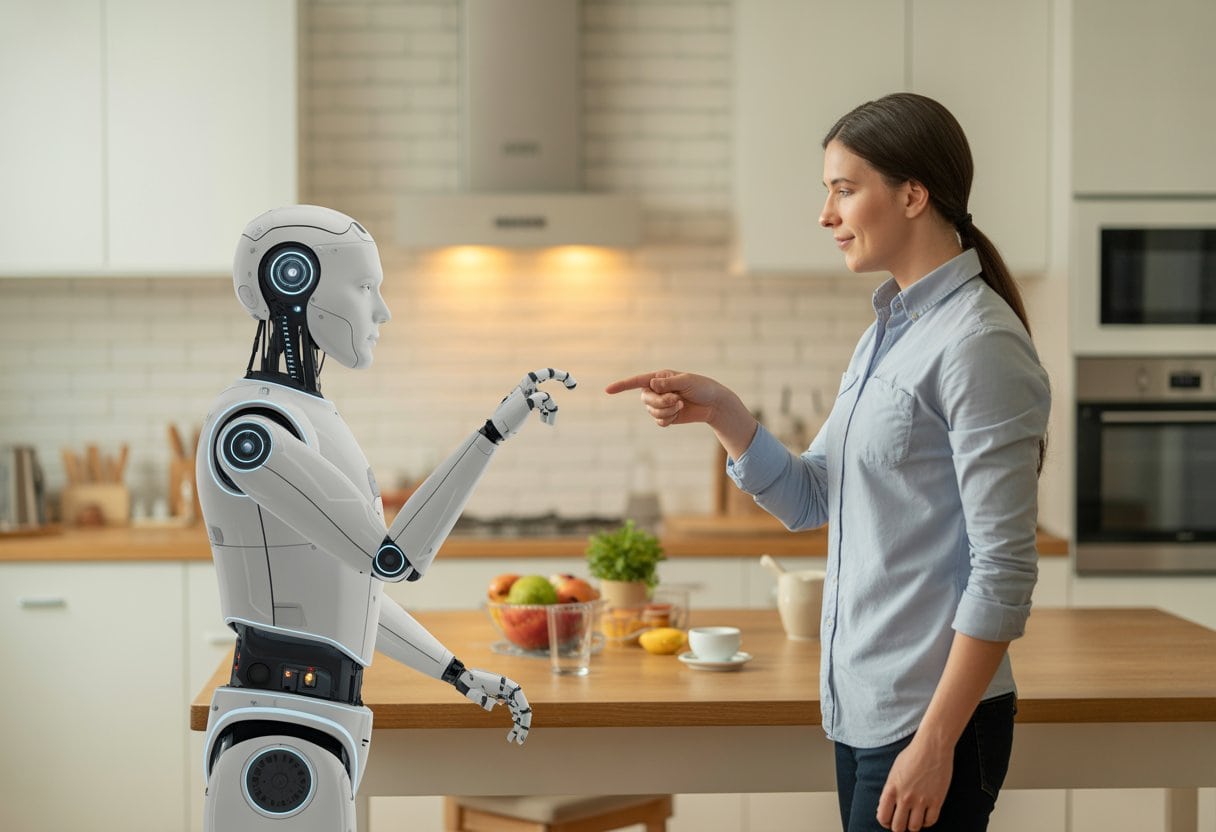 Ein humanoider Roboter greift in einer modernen Wohnung nach einem Alltagsgegenstand, während eine Person ihn dabei beobachtet.