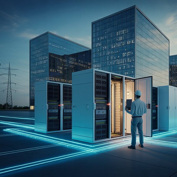 Techniker inspizieren GPU-Server in einem modernen deutschen Rechenzentrum mit Strominfrastruktur und erneuerbaren Energien im Hintergrund.