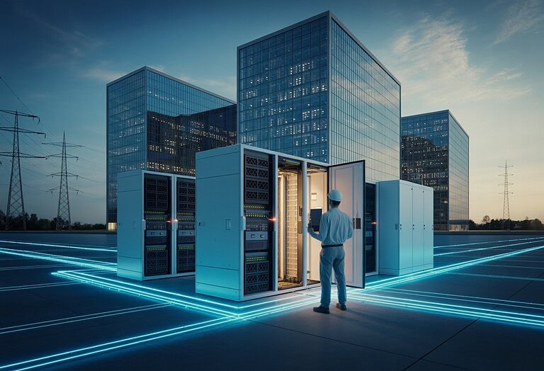 Techniker inspizieren GPU-Server in einem modernen deutschen Rechenzentrum mit Strominfrastruktur und erneuerbaren Energien im Hintergrund.