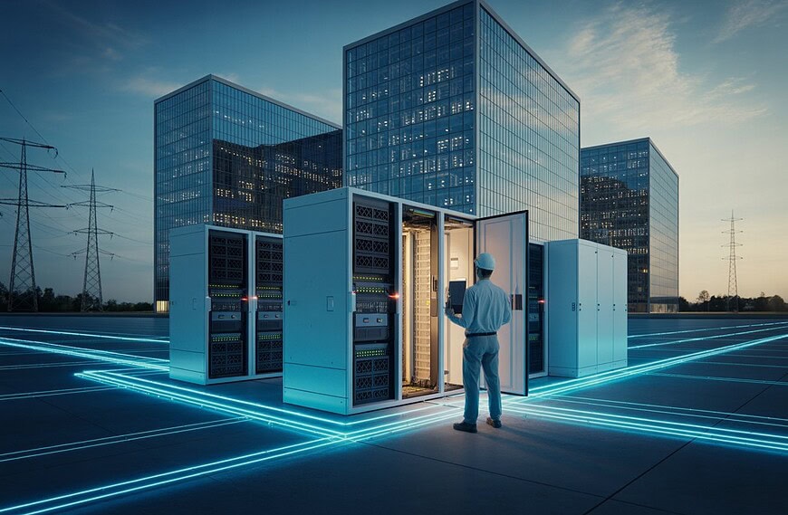 Techniker inspizieren GPU-Server in einem modernen deutschen Rechenzentrum mit Strominfrastruktur und erneuerbaren Energien im Hintergrund.