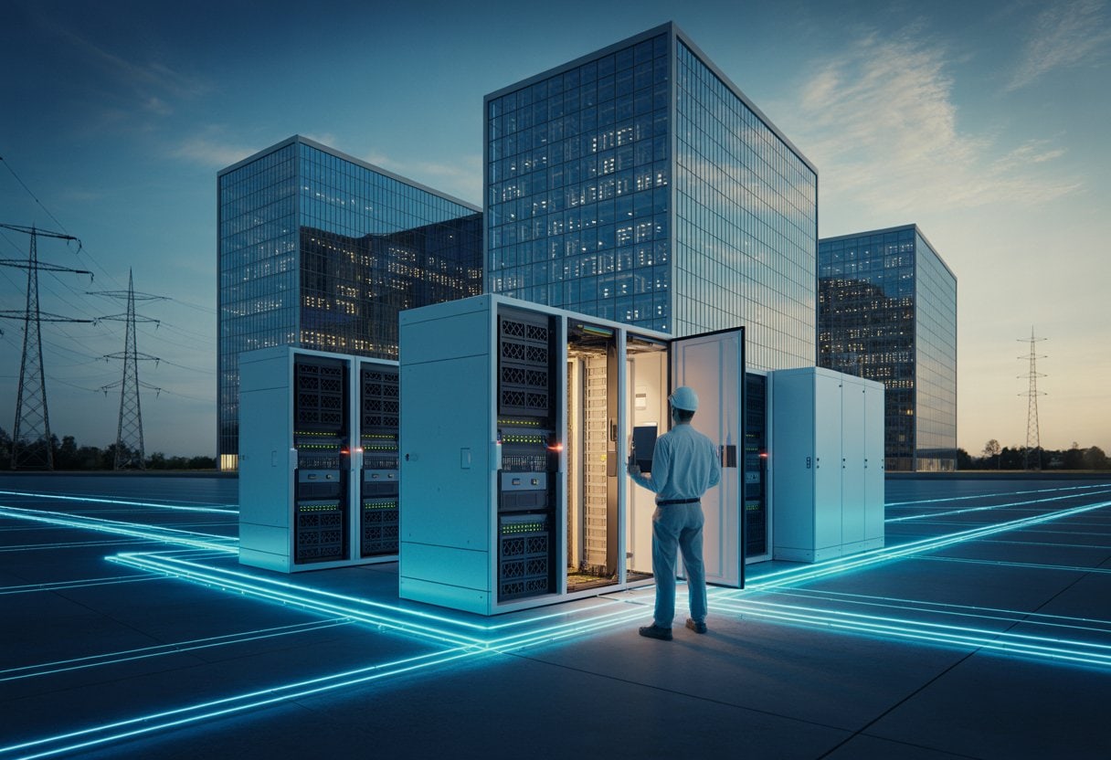 Techniker inspizieren GPU-Server in einem modernen deutschen Rechenzentrum mit Strominfrastruktur und erneuerbaren Energien im Hintergrund.
