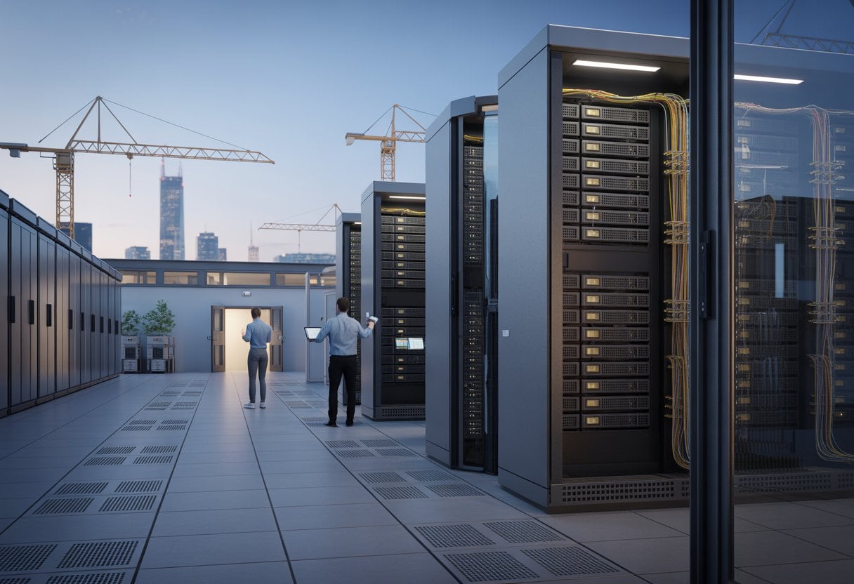 Techniker arbeiten in einem modernen deutschen Rechenzentrum mit Serverracks und umfangreicher Energieinfrastruktur.