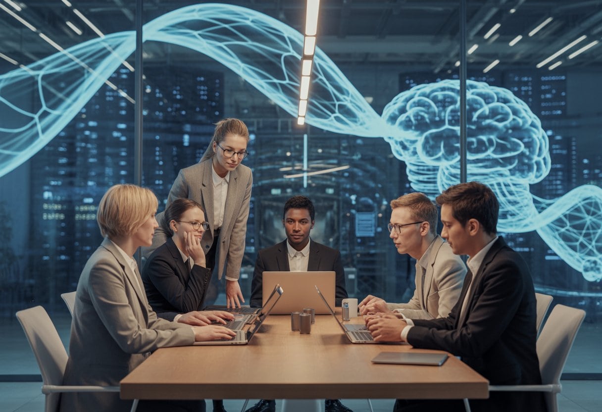 Ein Team aus Fachleuten arbeitet in einem modernen Konferenzraum an souveräner künstlicher Intelligenz.
