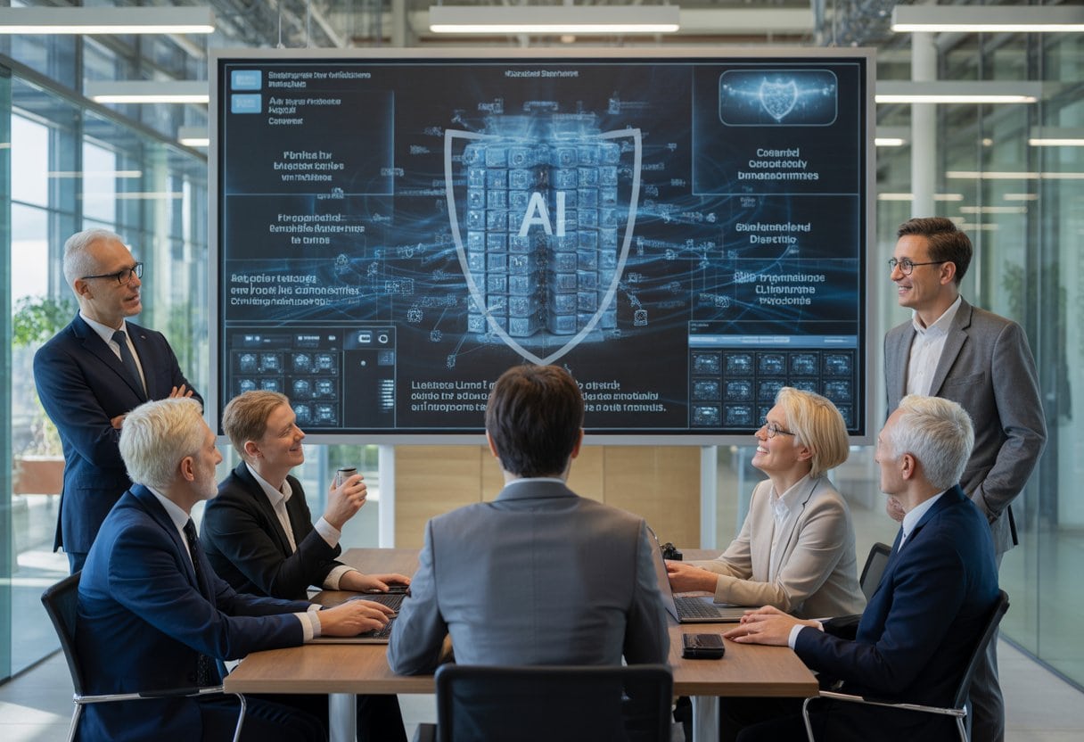 Ein diverses Expertenteam bespricht in einem modernen Büro ein sicheres KI-System mit abstrakten Netzwerkdarstellungen.