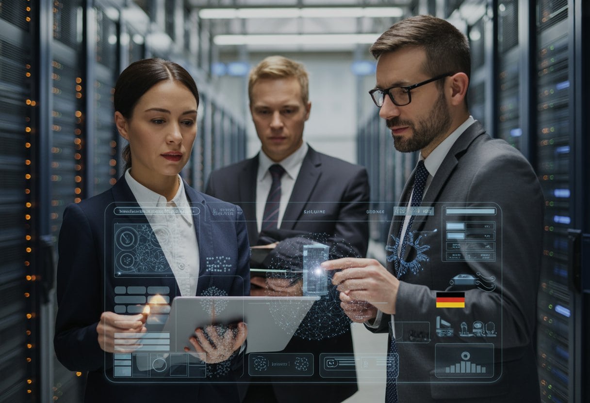Deutsche Fachleute arbeiten gemeinsam in einem modernen, geschützten Rechenzentrum an künstlicher Intelligenz.