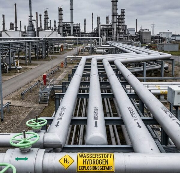 Wasserstoffleitungen auf einem Industriegelände: Stahlrohre mit grünen Ventilrädern vor einer Chemieanlage